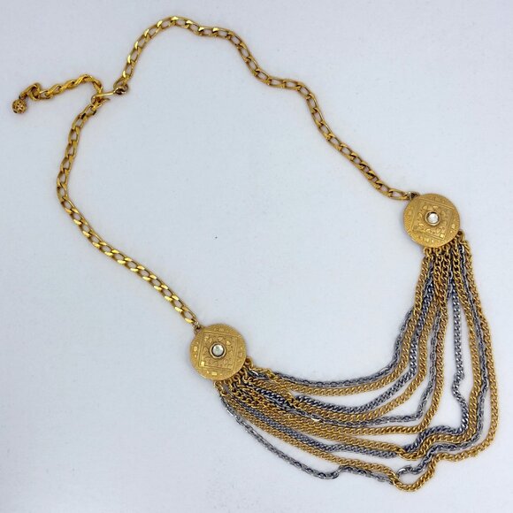 Vintage Multi Strand Festoon Gold Silver Chain Necklace Ornate Discs Hearts - Picture 9 of 14